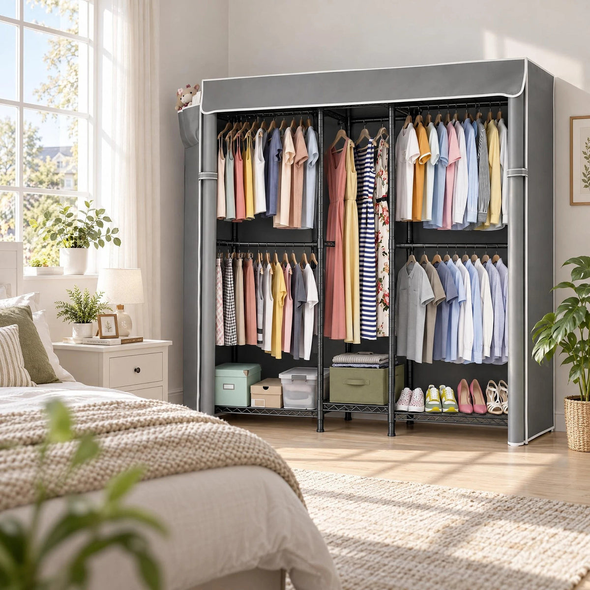 Heavy Duty Closet Organizer System, Freestanding Clothing Rack with Shelves, Adjustable Garment Rack with Grey Cover & Side Pocket, Portable Closets for Hanging Clothes, 72.8''×17.7''D×76.77''H, Black