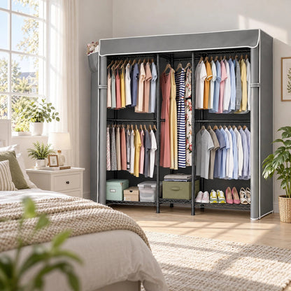 Heavy Duty Closet Organizer System, Freestanding Clothing Rack with Shelves, Adjustable Garment Rack with Grey Cover & Side Pocket, Portable Closets for Hanging Clothes, 72.8''×17.7''D×76.77''H, Black
