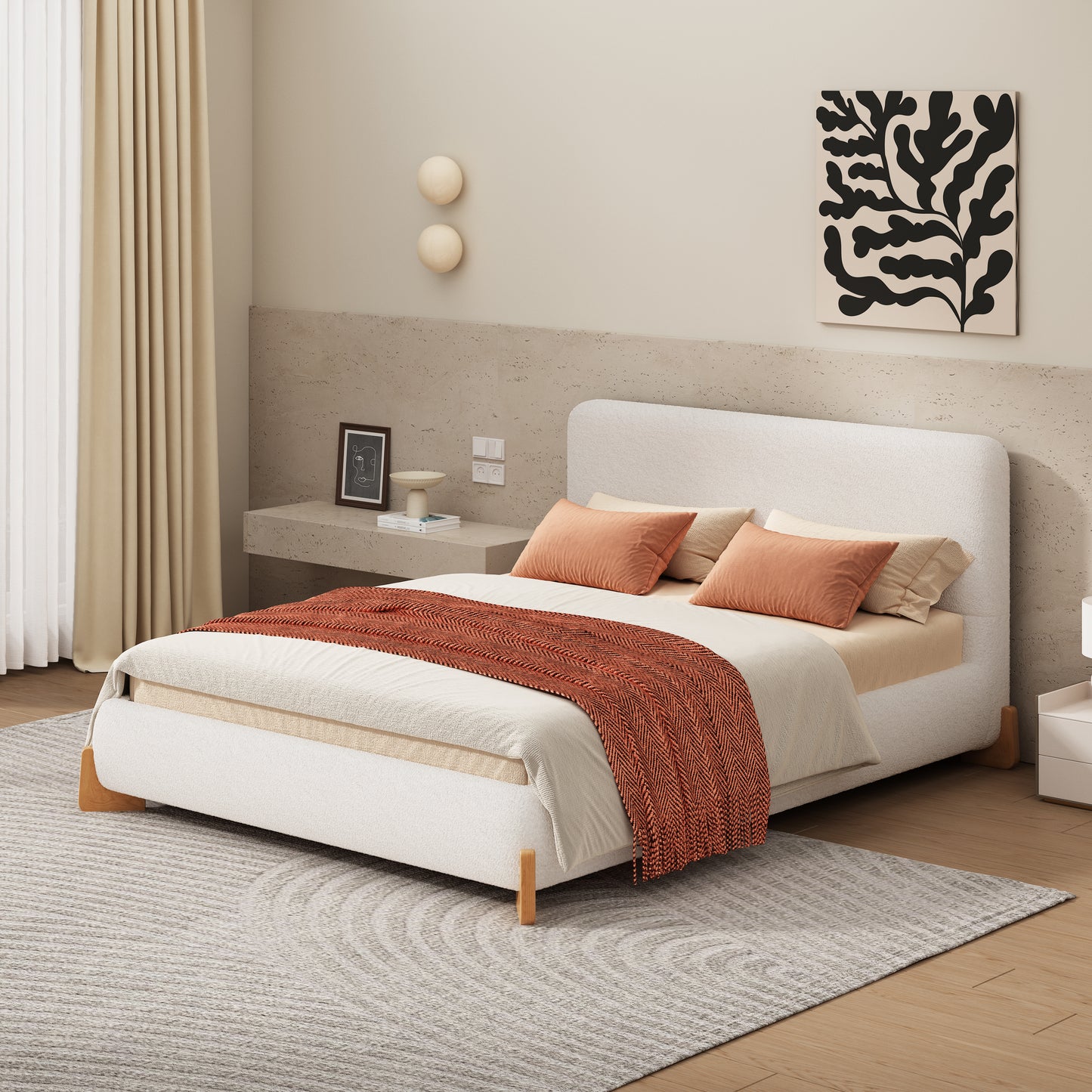 Elegant Boucle Upholstered Bed, A Luxurious and Comfortable Bedroom Centerpiece, Full Size, White