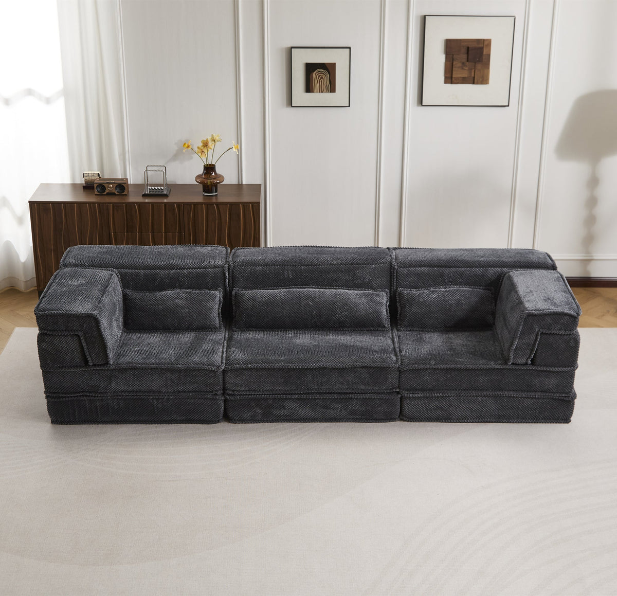 Compression Mahjong Sofa, Convertible Floor Sofa Bed, DIY Boneless Modular Sectional Sofa, No Assembly Required, Circle fleece fabric – Gray