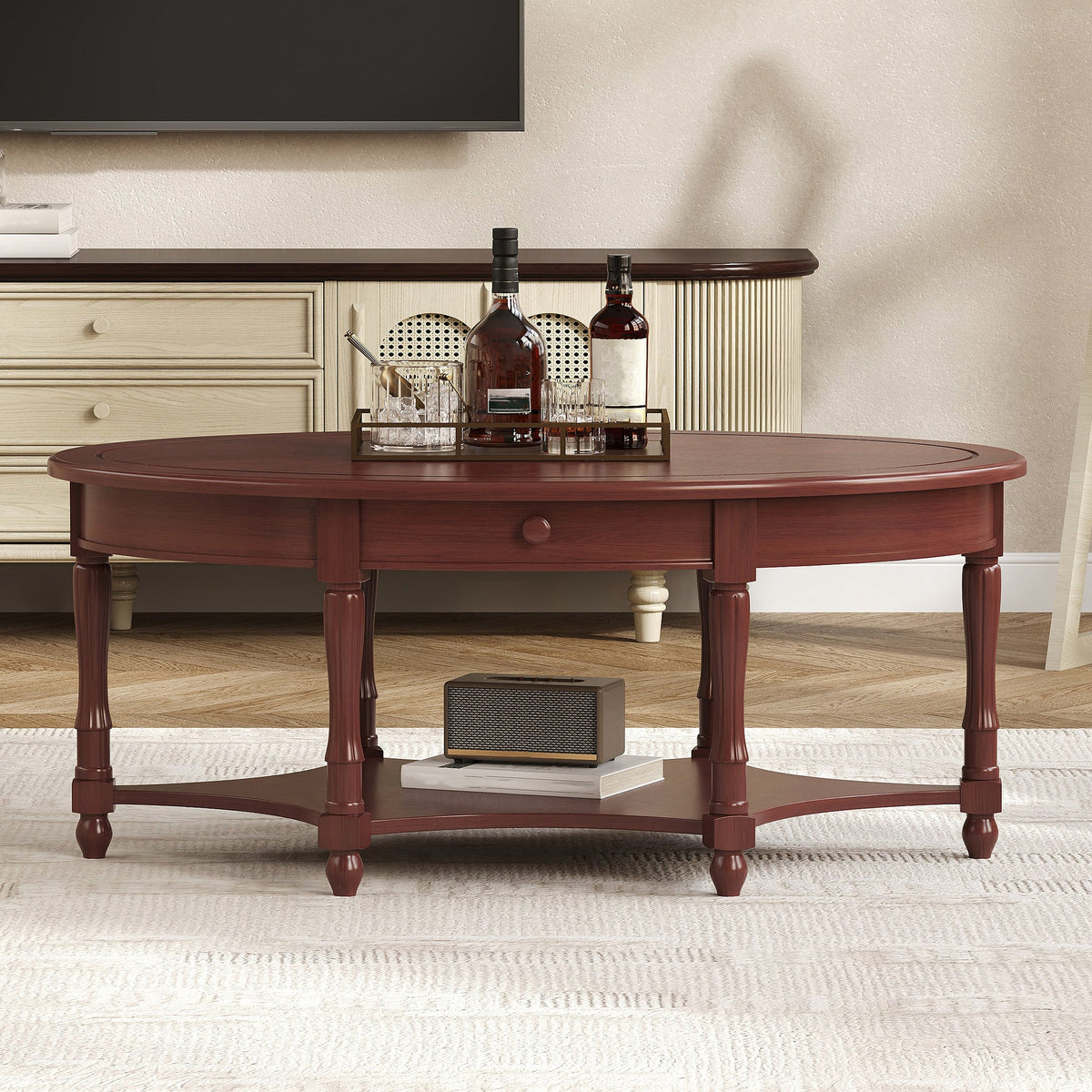 Vintage Oval Coffee Table with Drawer and Storage Shelf, Antique Cocktail Table in 45", French Country Accent Table for Living Room, Cherry (old sku: N735P277388)