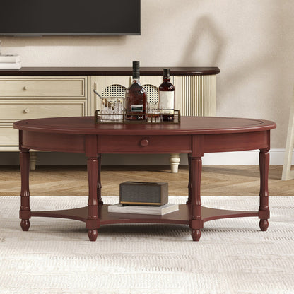 Vintage Oval Coffee Table with Drawer and Storage Shelf, Antique Cocktail Table in 45", French Country Accent Table for Living Room, Cherry (old sku: N735P277388)