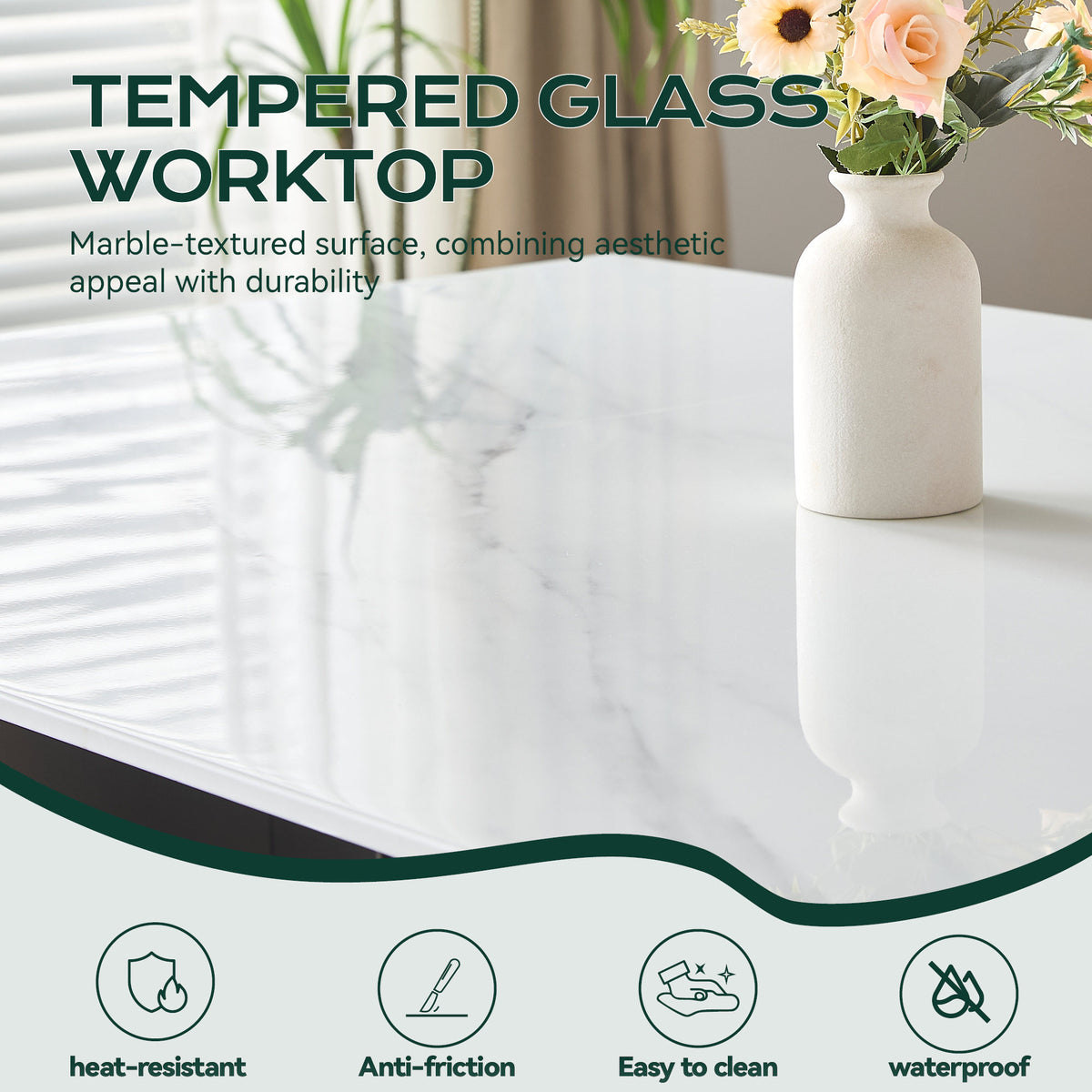 Modern Rectangular Dining Table, Tempered Glass with Marble Texture Top, Matte Gray Brushed Metal Legs, 4-6 Person Capacity, White Marble Finish, 69.30 Inch