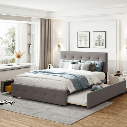 Upholstered Platform Bed with 2 Drawers and 1 Twin XL Trundle,  Linen Fabric, Queen Size - Light Gray(OLD SKU :LP100314AAN)