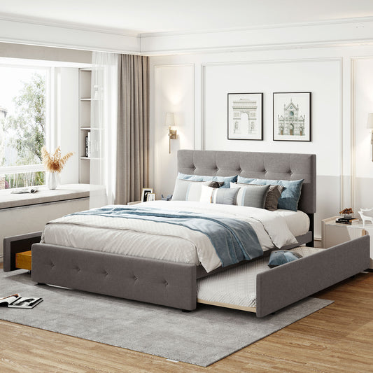 Upholstered Platform Bed with 2 Drawers and 1 Twin XL Trundle,  Linen Fabric, Queen Size - Light Gray(OLD SKU :LP100314AAN)