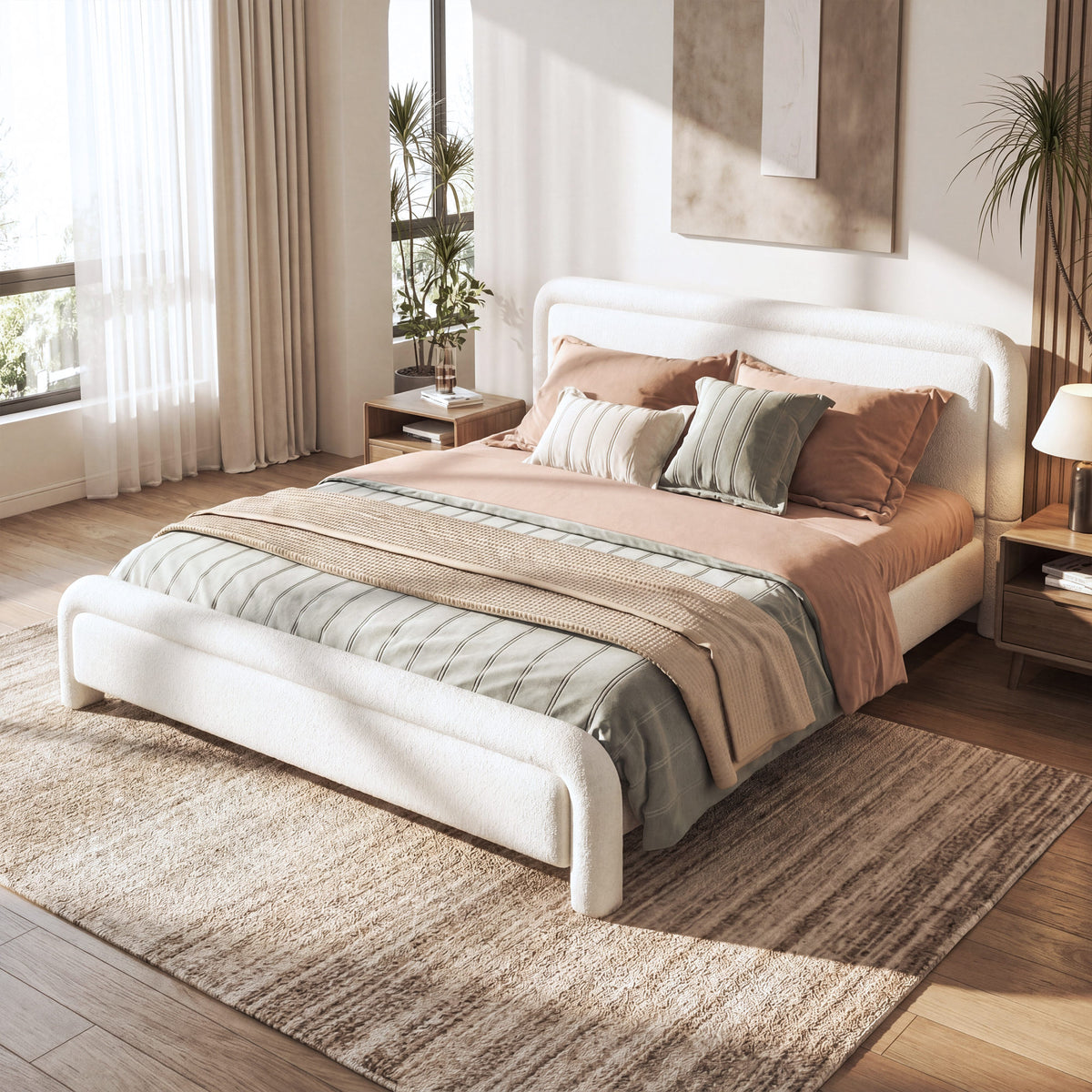 Modern White Boucle Upholstered Queen Platform Bed Frame with Curved Headboard, Wood Slats Support, No Box Spring Needed, Easy Assembly