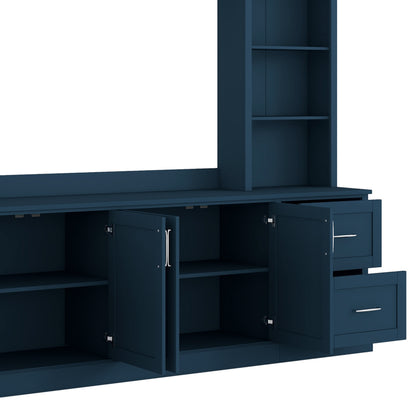 Modern Arched Entertainment Center Wall Unit with Drawers, Farmhouse TV Stand with Cable Holes for TVs Up to 65", Multifunctional All-in-One TV Console with Adjustable Shelves for Living Room, Blue