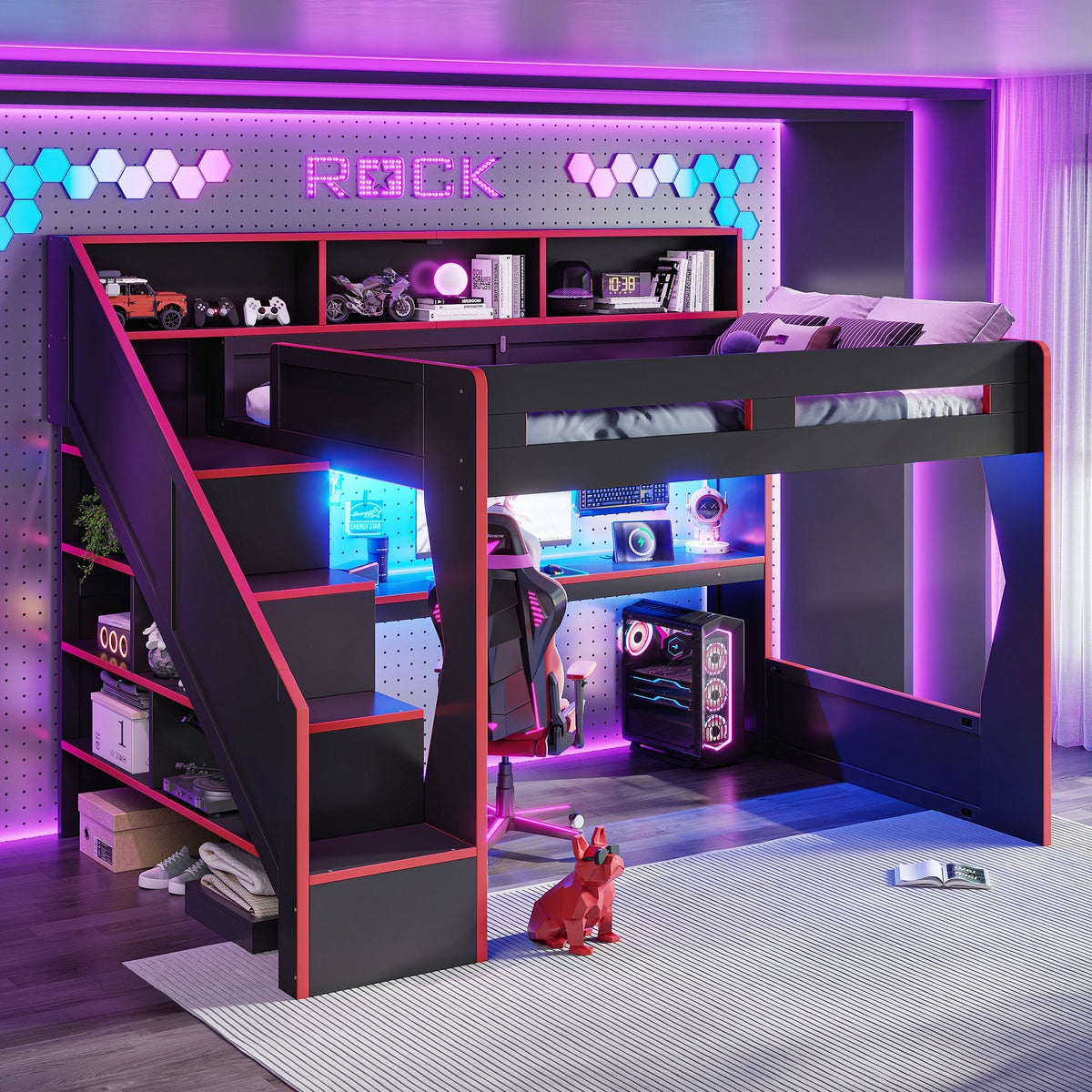 Queen Size Gaming Loft Bed with Storage Stair & Open Headboard Shelves, LED Light & USB Charging Desk, Elevated Loft Bed Frame with House-Shaped Cutout Design for Gamers,Black&Red