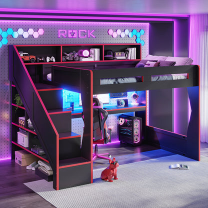 Queen Size Gaming Loft Bed with Storage Stair & Open Headboard Shelves, LED Light & USB Charging Desk, Elevated Loft Bed Frame with House-Shaped Cutout Design for Gamers,Black&Red