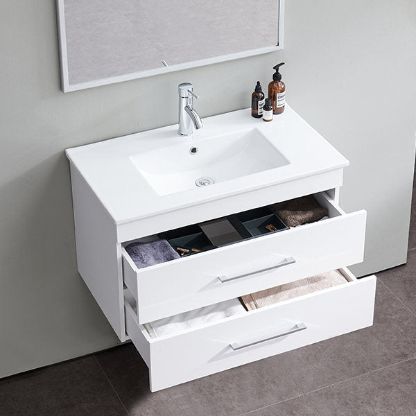 32-Inch White Gloss Wall-Mounted Bathroom Vanity with Double Drawers, Soft-Close System,Ceramic Sink, Create a Modern and Minimalist Bathroom Space!