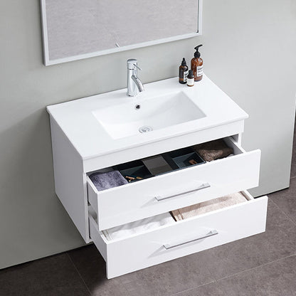 32-Inch White Gloss Wall-Mounted Bathroom Vanity with Double Drawers, Soft-Close System,Ceramic Sink, Create a Modern and Minimalist Bathroom Space!