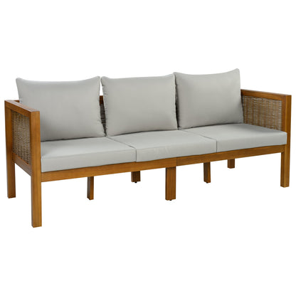 3-Seater Patio Set Outdoor Sofa & Coffee Table Set 2 Piece Outdoor Conversation Patio Furniture Set with Cushions and a Coffee Table for Garden, Backyard, Balcony, Poolside,Grey Cushion +Natural Wood