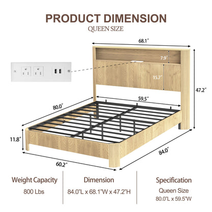 Queen Size bed frame with storage headboard, built-in charging station, wavy curved lines design, silent operation, metal support, Natural
