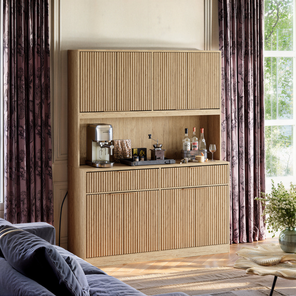 71" Tall Kitchen Pantry Cabinet with Power Outlet, Hollow Open Countertop, Modern Multi-Functional Storage Hutch Cabinet for Dining Room, Entryway and Living Room,Natural