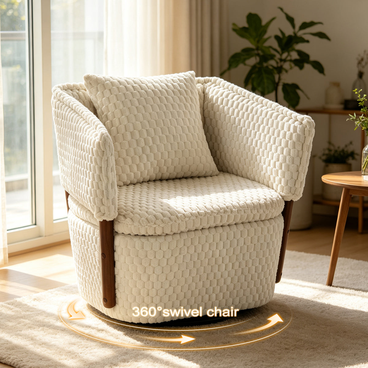 Mid Century Modern Accent Chair with Solid Wood Frame, Upholstered,360° Full Swivel Chairs with storage For Living Room Chairs with Waist Cushion, Reading Armchair for Bedroom Sunroom