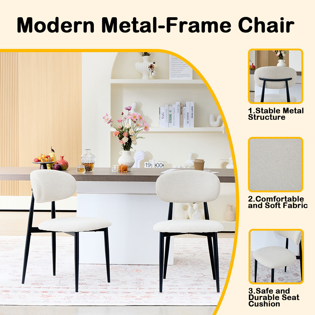 Fabric Dining Chairs, Upholstered Side Chairs with Black Metal Legs, 32.8' H x 19.6' W x 22' D, 19.3' Seat-High, Modern Kitchen Chairs for Dining Room, Living Room-Seat of 2,Black Frame and Beige Seat