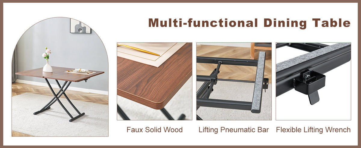 Modern minimalist multifunctional lift table with 0.8 inch thick MDF desktop and black metal legs, can be used as a dressing table, coffee table, dining table, and office table.Walnut textured desktop