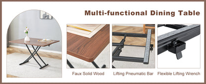 Modern minimalist multifunctional lift table with 0.8 inch thick MDF desktop and black metal legs, can be used as a dressing table, coffee table, dining table, and office table.Walnut textured desktop