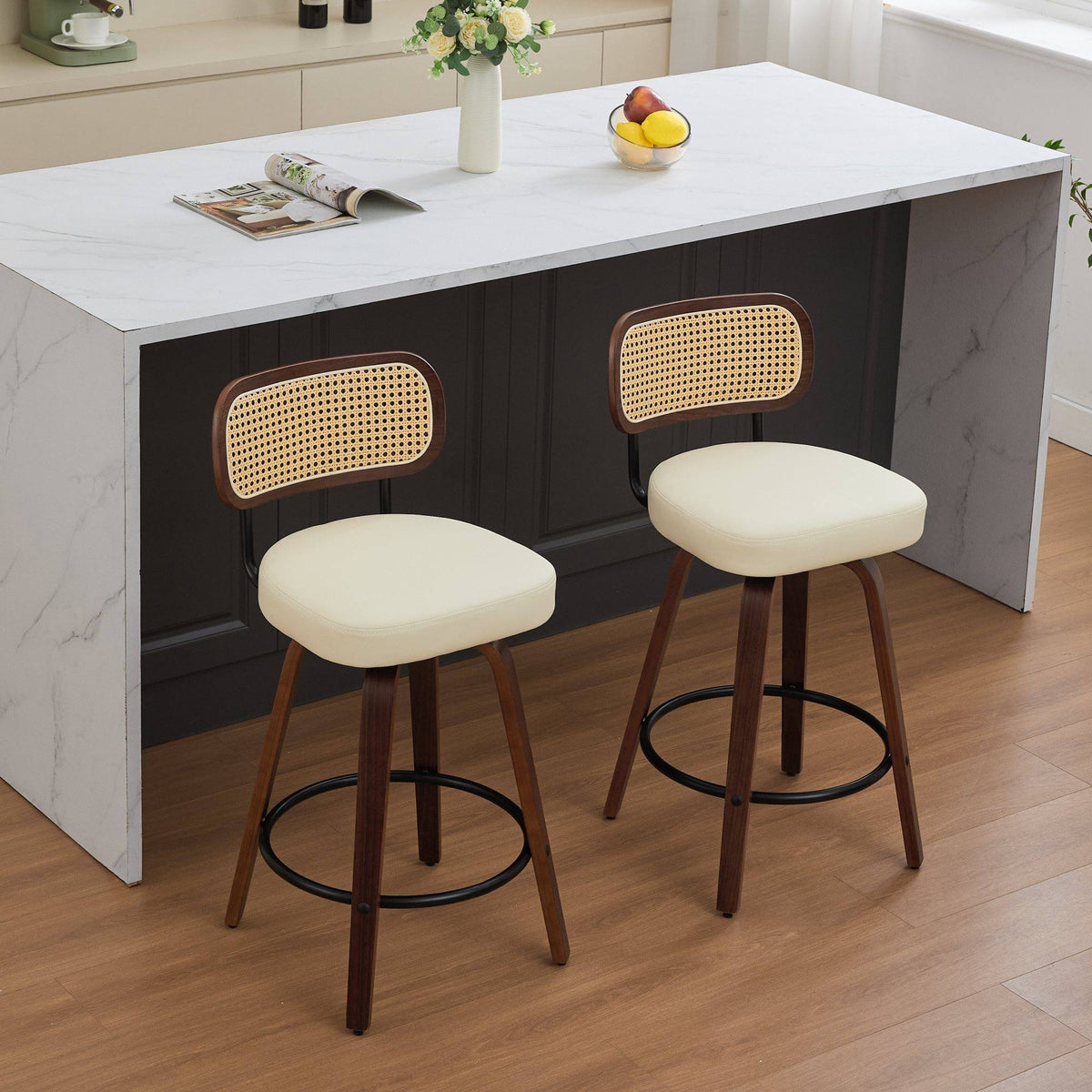Set of 2 Counter Height Bar Stools - 26 inch Rattan Counter Height Stools with Cane Back, Upholstered Seat, Walnut Craftsmanship, Swivel Counter Stools for Island/Kitchen/Counter/Bar (Walnut /Beige)