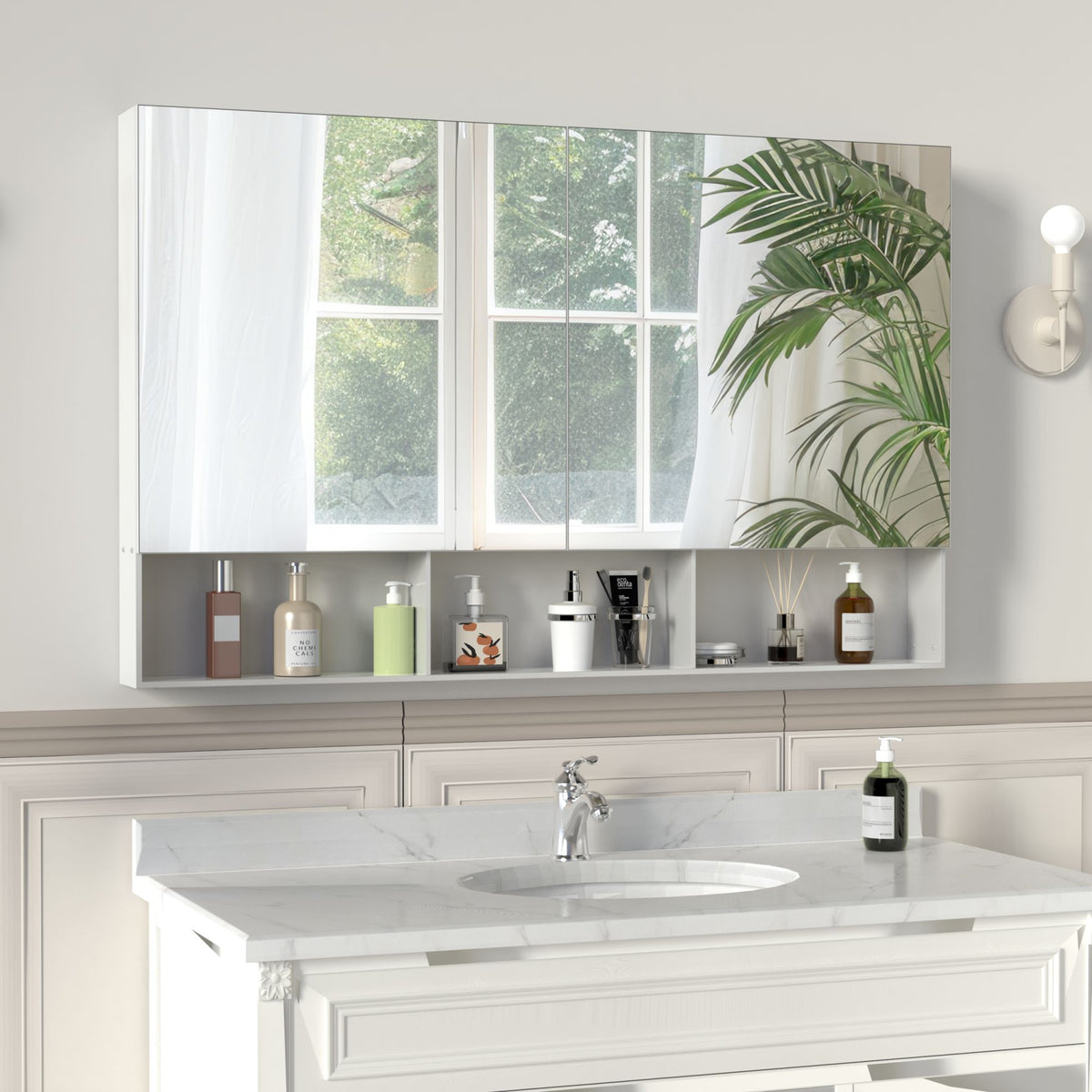 48X30 Medical Cabinet with Mirror, suitable for bathroom, wall-mounted bathroom mirror, with storage function, adjustable shelves, aluminum frame, surface-mounted, silver