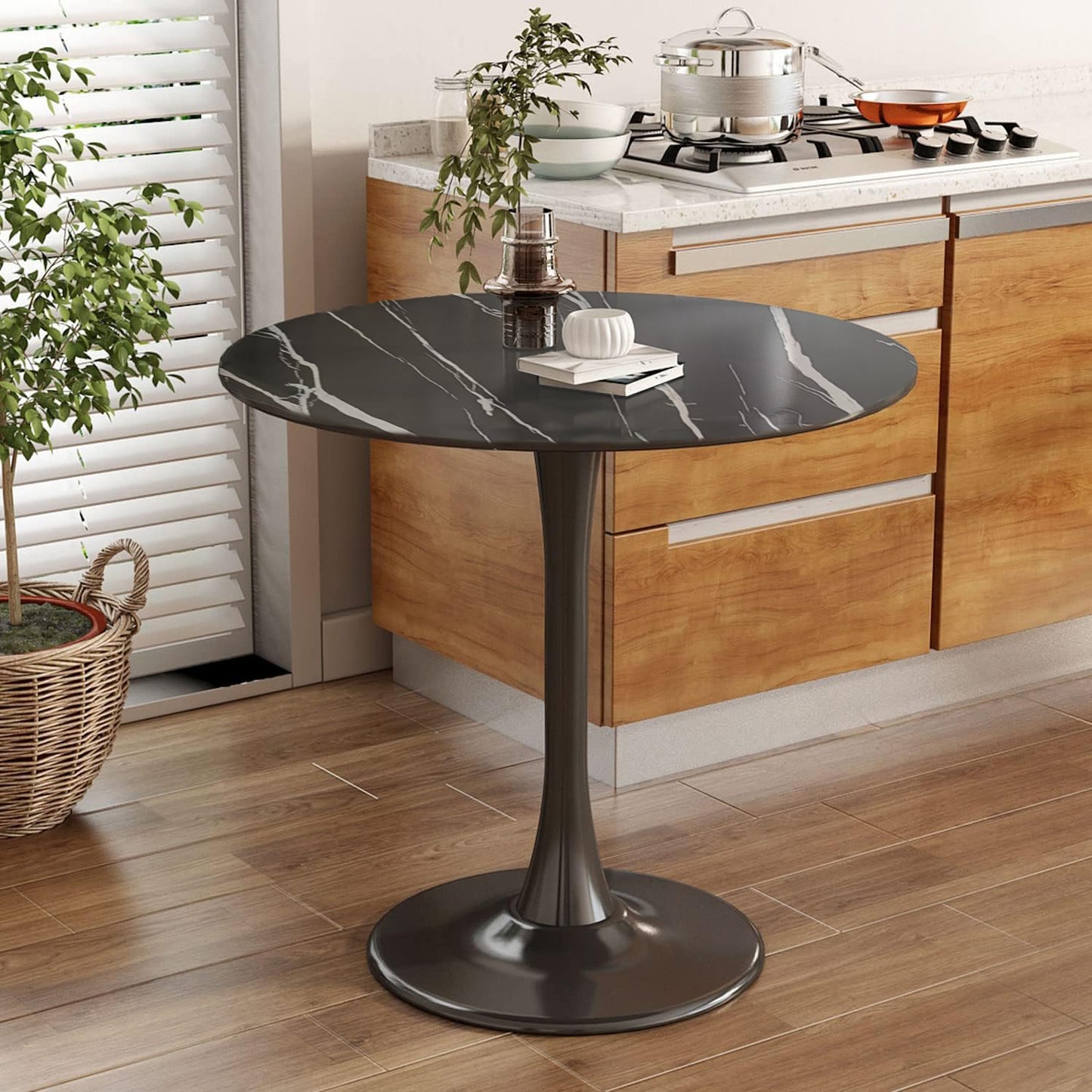 (Black Marble Color)Round Table, Modern Dining Table, Dining Table, MDF Top and Steel Base Tulip Round Kitchen Table, Kitchen Table, Mid Century Coffee Table for Living Room 24 Inch, Oval Dining Table