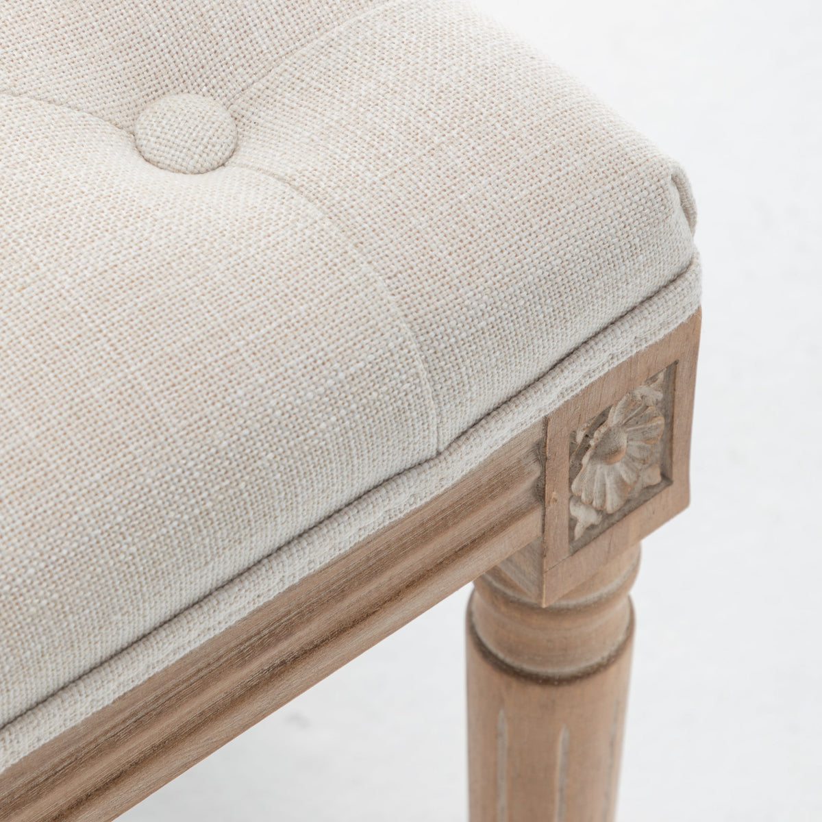 Tufted Vanity Stool with Linen Upholstery & Carved Solid Wood Legs, Dressing Bench for Bedroom, Beige