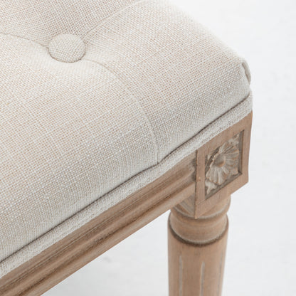 Tufted Vanity Stool with Linen Upholstery & Carved Solid Wood Legs, Dressing Bench for Bedroom, Beige