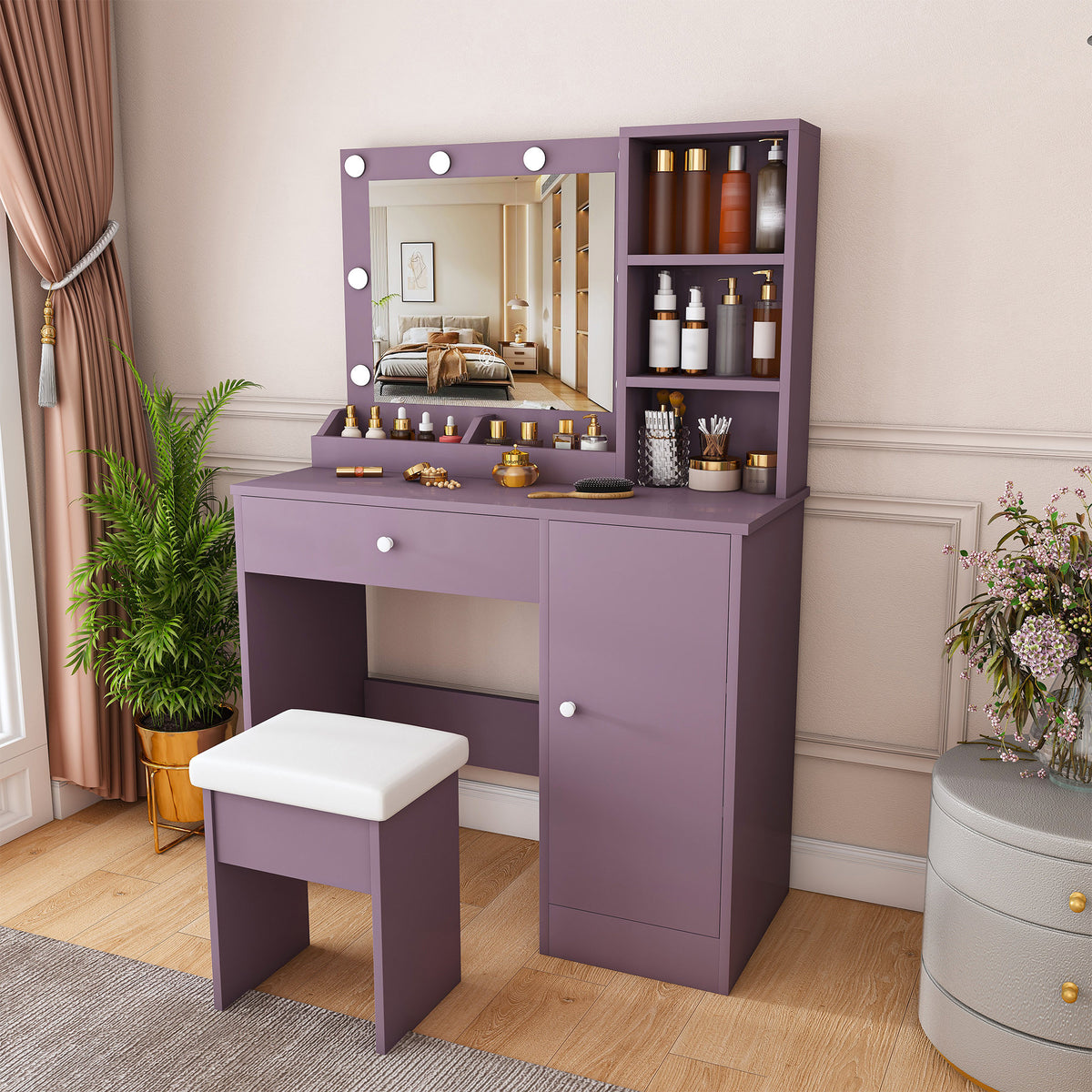 Modern Purple Vanity Desk Set with Padded Stool and Adjustable LED Mirror, 3 Color Light Modes, MDF Construction