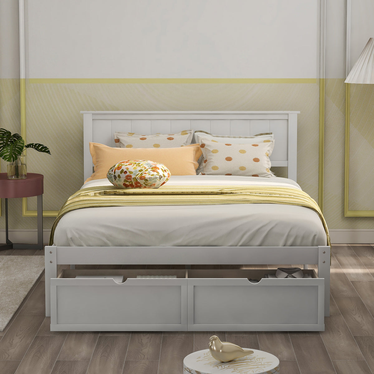 White Full Size Platform Bed with Under-bed Drawers, Solid Pine Wood and MDF, 78.3''L x 58.5''W x 36.2''H