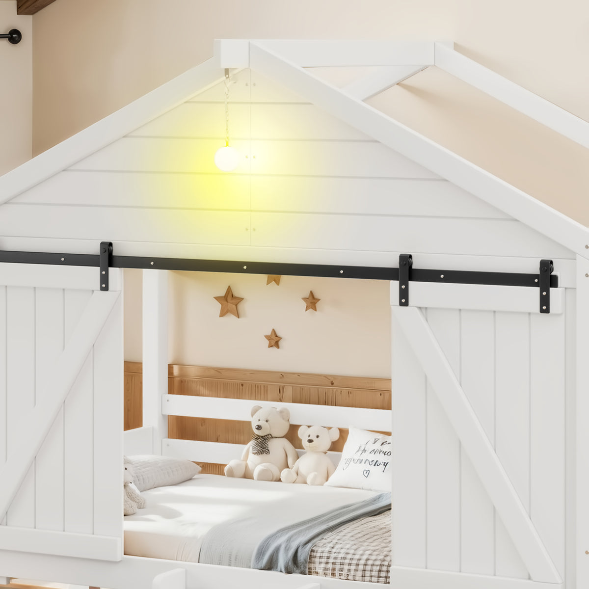 Twin Size Farmhouse Bed with Sliding Barn Door and Light Bulb, Wood house Bed Frame with Stair and Drawers, White