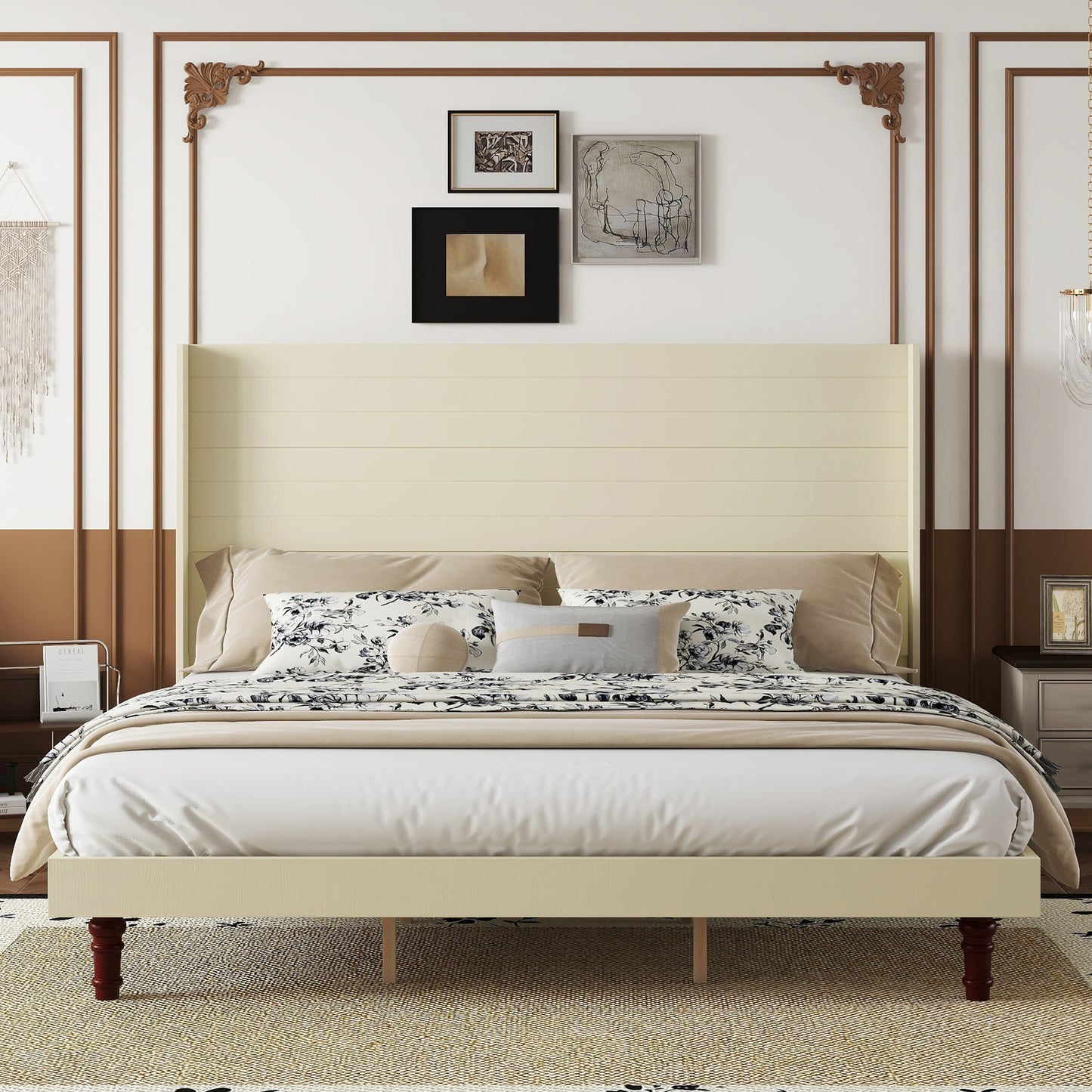 Stylish High Headboard Bed, 54 'High Headboard, High Quality, Comfortable High  Back Design Ideal for Reading or Relaxing, King Size, Beige