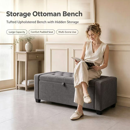 Storage Bench, End of Bed Storage Benches, Chenille Fabric Upholstered Ottoman Bench with Safety Hinge for Living Room Entryway Bedroom Hallway.Dark Gray