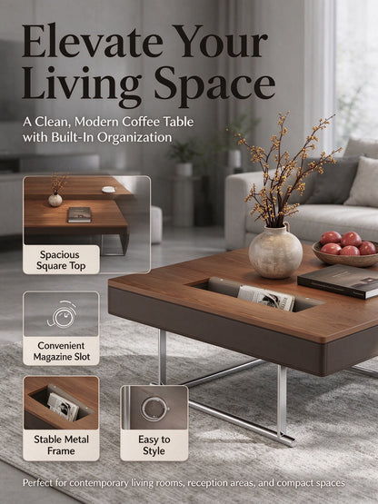 35.43" Square Walnut Coffee Table with Thickened Tabletop, Saddle Leather-Wrapped Edge and Polished Stainless Steel Base, Modern Cocktail Table for Living Room