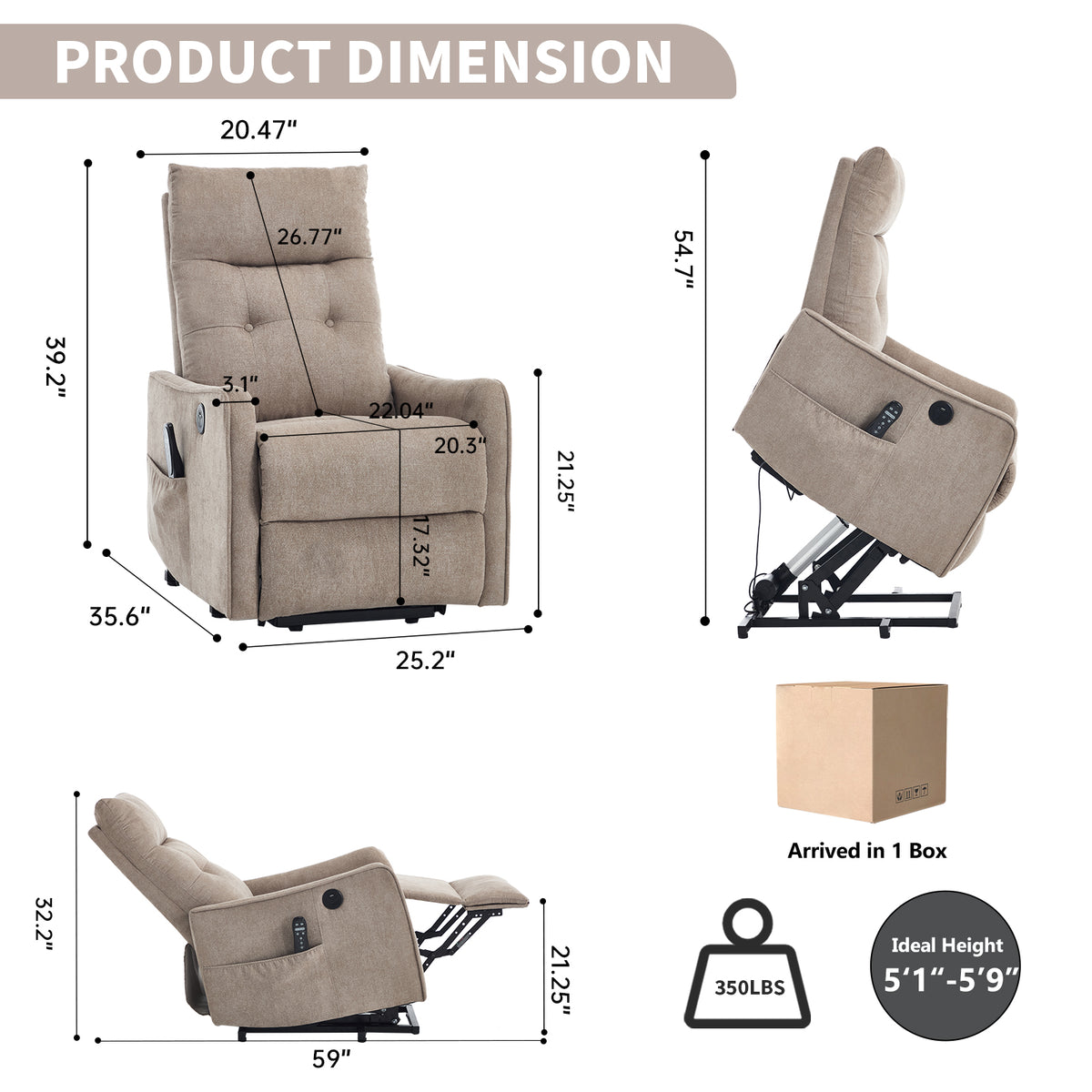 Khaki Chenille Single Motor Power Lift Recliner Chair with Massage and Heat for Elderly, Heavy Duty Motion Mechanism and One USB for Charging, Max Reclining Angle 155°