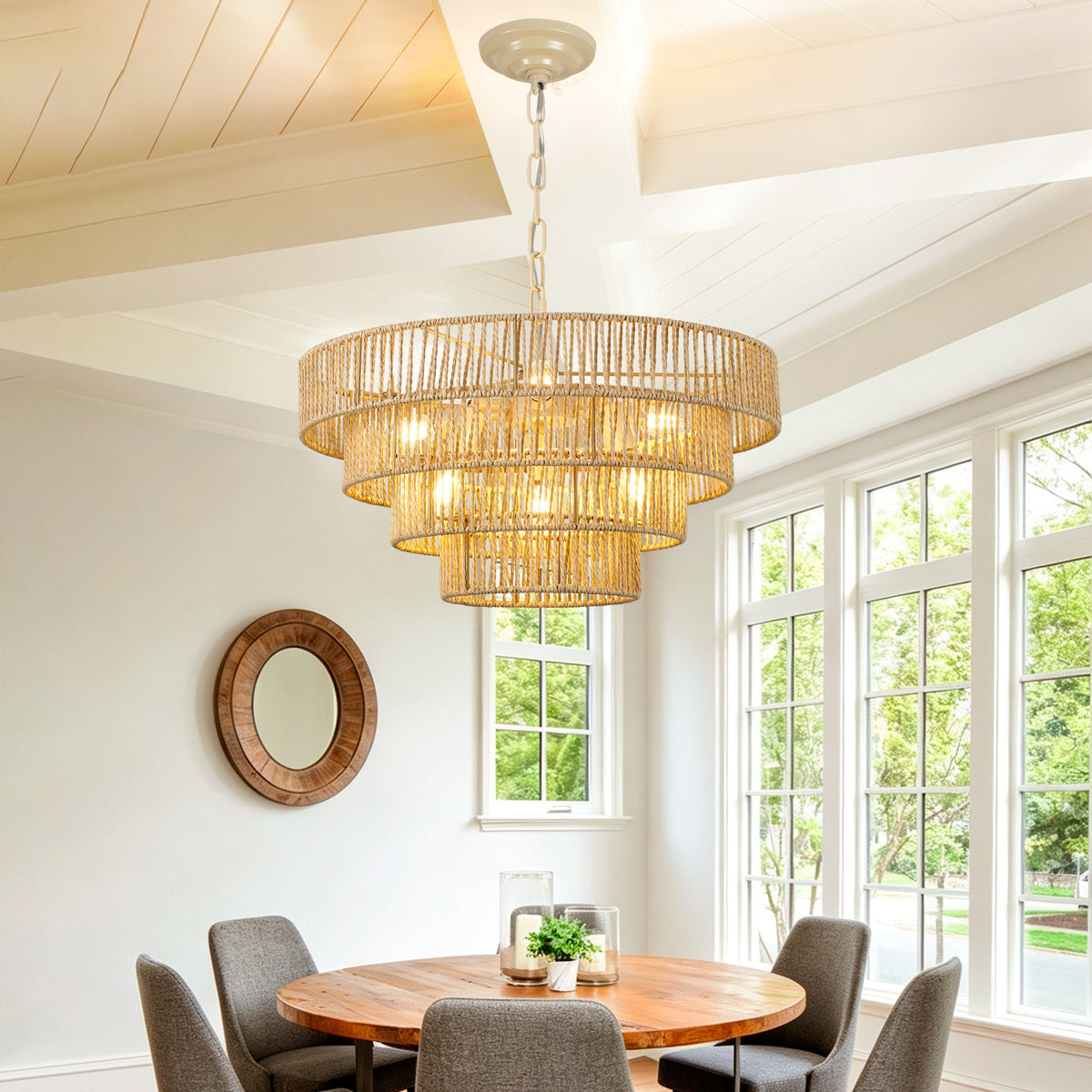 19.69" Tiered Glass Chandelier, 6-Light B12 Socket Pendant Light, Gold Metal Frame, Adjustable Hanging Cord
