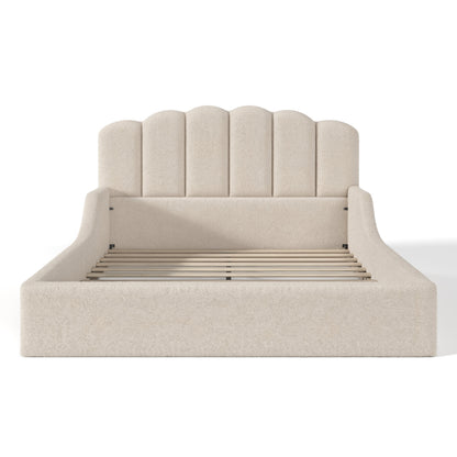 Queen Teddy Fabric Upholstered Floor bed, Stylish Upholstered Kids bed, Low Profile Children Bed Frame, Soft Plush Upholstered Floor bed for Kids &Teens.Beige