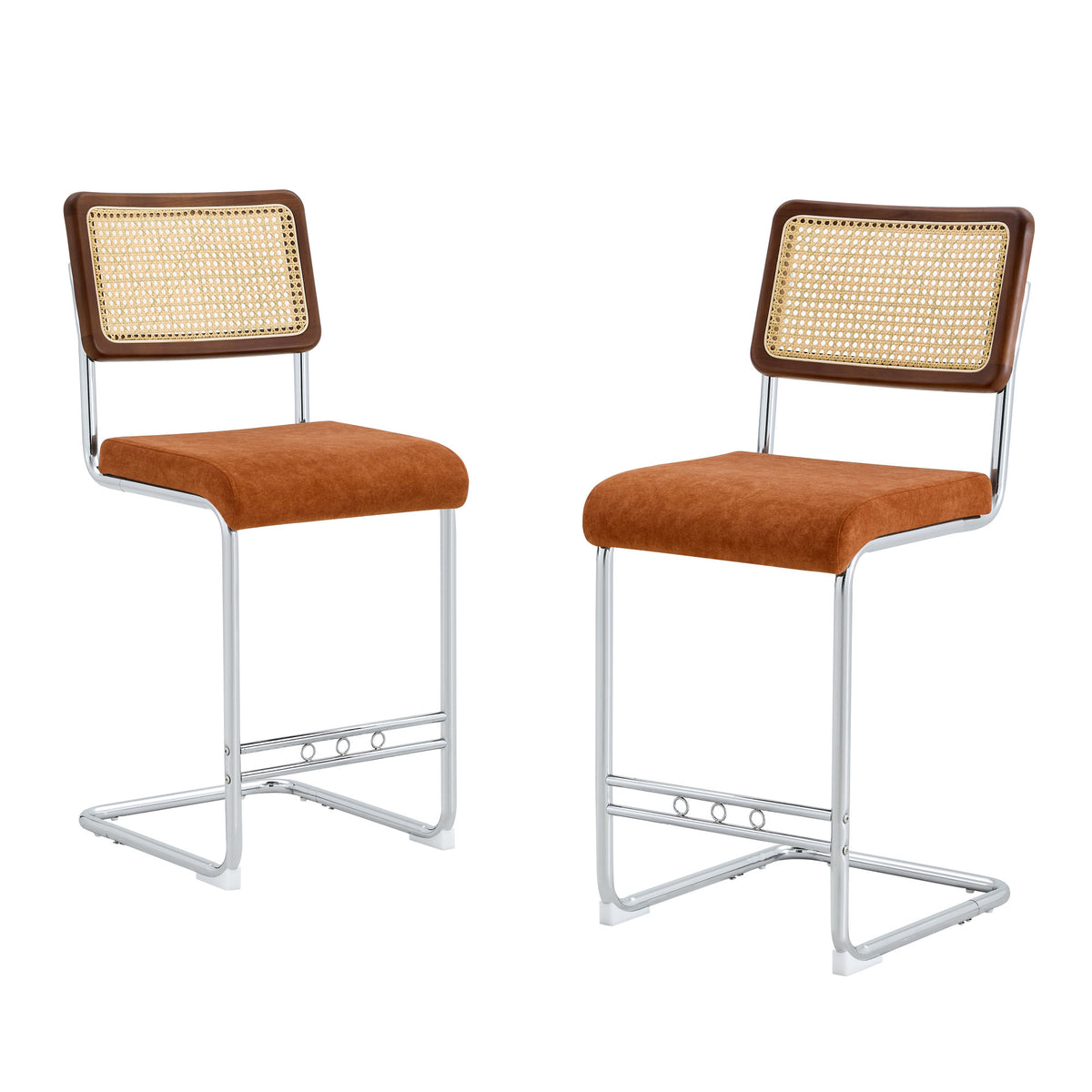 Natural Woven Bar Stool 2-Piece Set with Solid Wood Backrest 25 Inches Medieval Modern Style Counter Stool Coffee Color Velvet Kitchen Stool Chrome Metal Legs.
