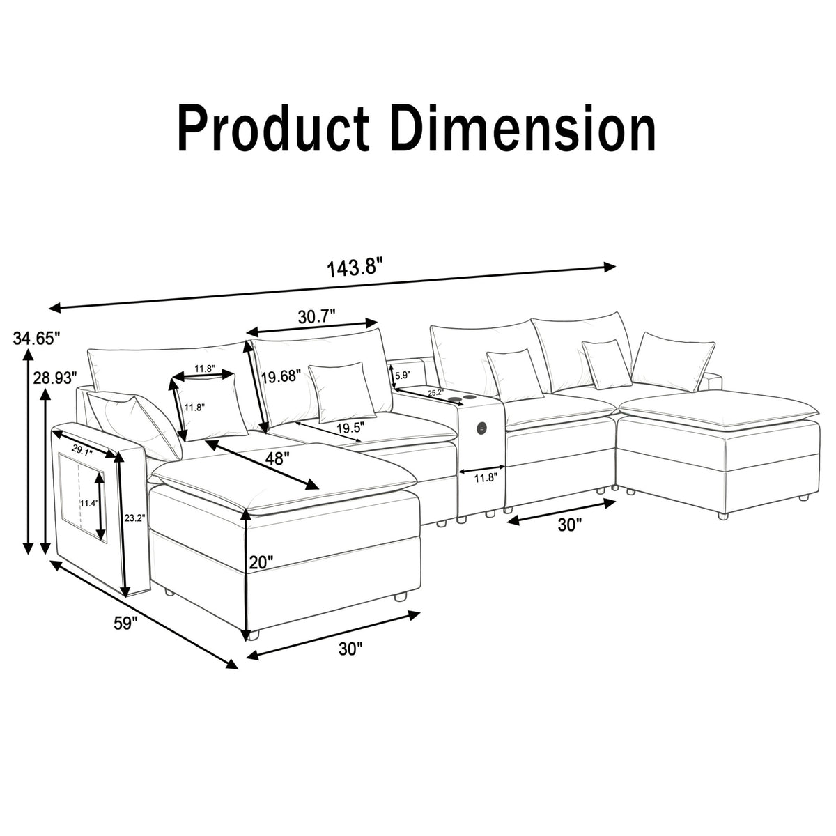 143.8'' U-shaped Modular Sectional Sofa with Center Console, Cup Holder, USB Charger,Movable Ottoman,Modern Comfy 4-6 Seater Chenille Cloud Couch for Spacious Living Room, Beige