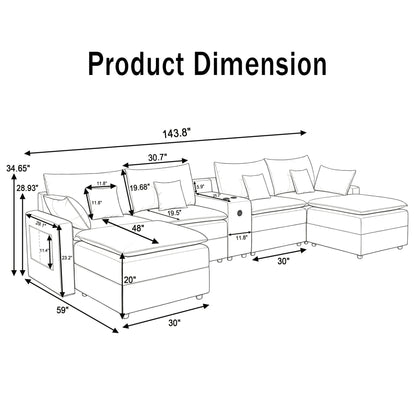 143.8'' U-shaped Modular Sectional Sofa with Center Console, Cup Holder, USB Charger,Movable Ottoman,Modern Comfy 4-6 Seater Chenille Cloud Couch for Spacious Living Room, Beige