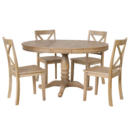 Modern Natural Wood Wash Dining Table Set for 4 with Round Table and Chairs, Solid Wood and MDF
