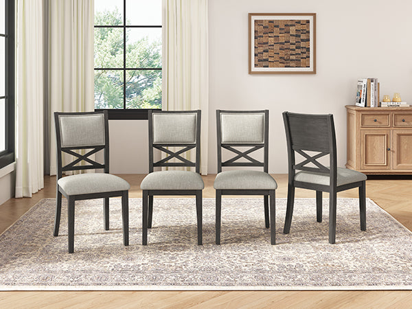 Upholstered Dining Chairs Set of 4, Farmhouse Style Chairs, 3.27" Thick Padded Foam Seat & Ergonomic High Cross Back, Sturdy Rubberwood Legs for Dining Room, Dark Gray + Beige Cushion