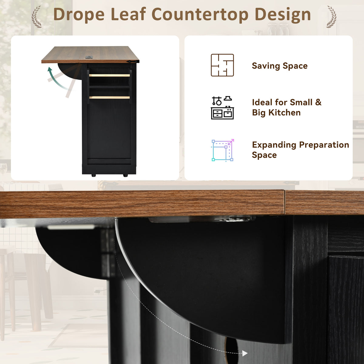 K&K 53.7" Farmhouse Kitchen Island with Power Outlet, 2 Sliding Barn Door Kitchen Storage Island with Drop Leaf – Black