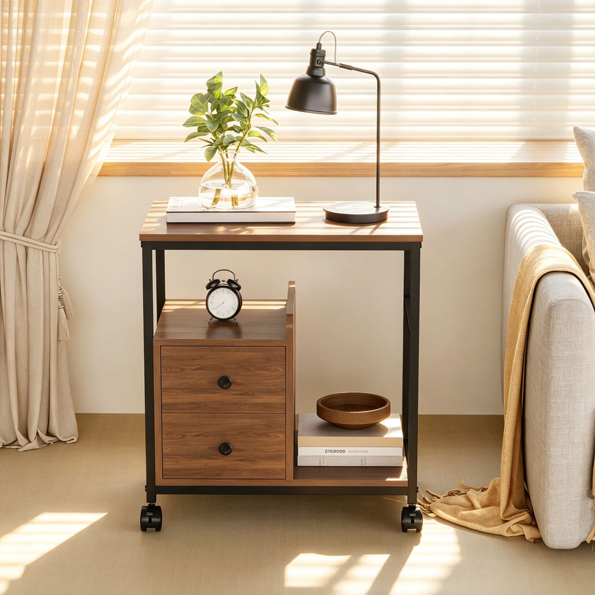 End Table with Wheels & Storage Drawers, Side Table,  Nightstand, Stable Metal Frame, Wood Top, for Bedroom Kitchen Living Room and Office, 14.9"D x 23.6"W x 25.7"H