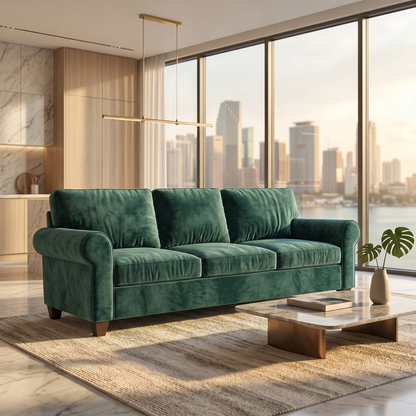 Augusta Sofa – Made in USA, Custom Fabric Options, Classic Sofa Wholesale Furniture - Velvet Antique Kelly Green - Velvet
