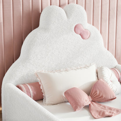 Twin Size Upholstered Floor bed, LowtoGround floor bed, Soft Padded Upholstered Kids bed, Safe Children Bed Frame with Side Storage Pocket for Kids.White