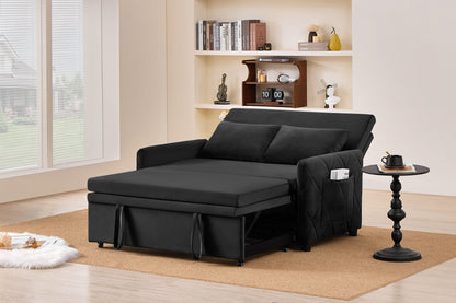 51.2' Velvet Convertible Sleeper Sofa Bed, 5-Position Adjustable Backrest Loveseat with Pull-Out Bed, Side Pocket, Multi-Functional 2-Seater Couch for Living Room, Apartment, Small Space