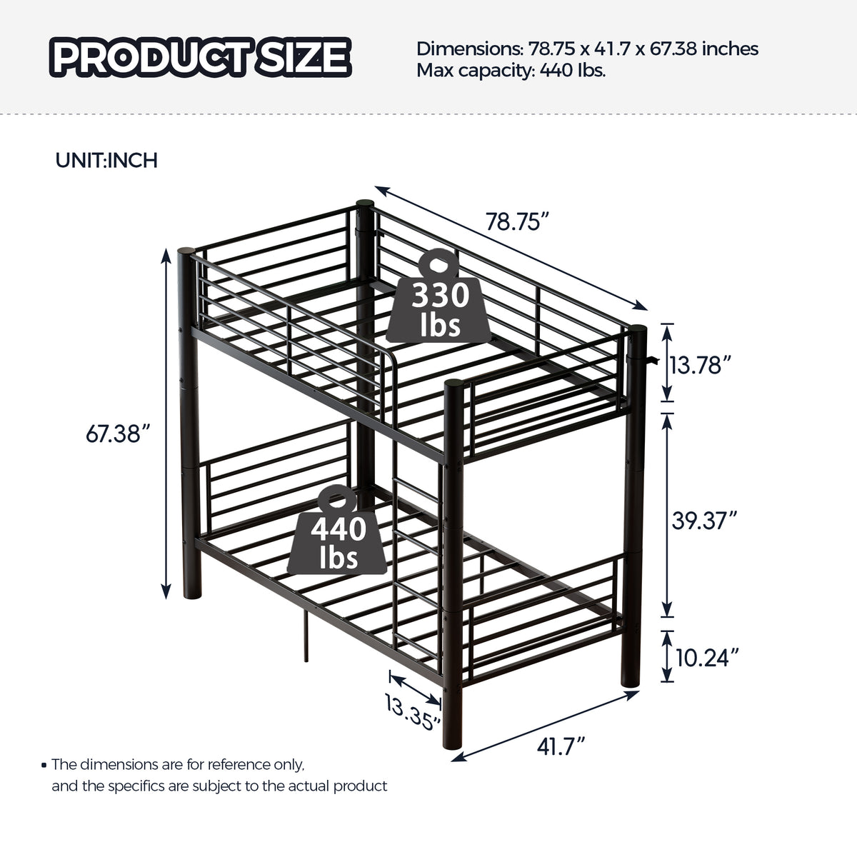 Twin Over Twin Metal Bunk Bed, 2-Inch Heavy-Gauge Tubing, Detachable 2-in-1 Platform Beds with Safety Rails & Wide Ladder, Quiet & Stable Frame Perfect for Small Rooms, Kids and Adults, Black
