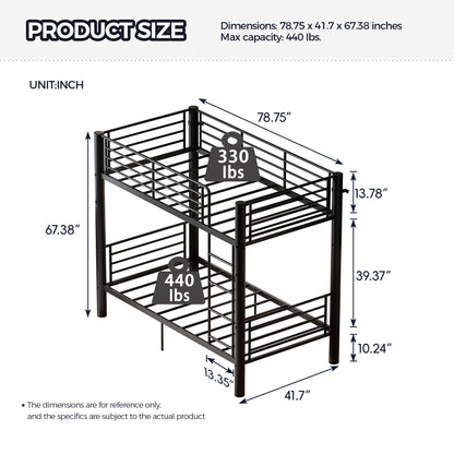Twin Over Twin Metal Bunk Bed, 2-Inch Heavy-Gauge Tubing, Detachable 2-in-1 Platform Beds with Safety Rails & Wide Ladder, Quiet & Stable Frame Perfect for Small Rooms, Kids and Adults, Black