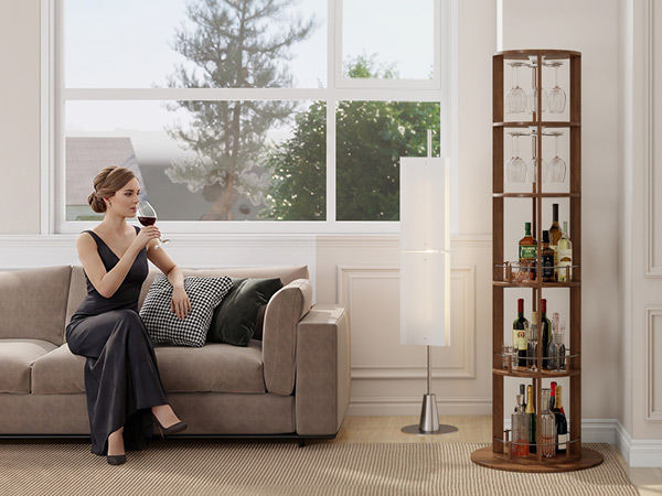 73" Tall Round Wine Rack, Freestanding Wine Bar Cabinet With 360° Rotating Design Wine Glass Rack, 360° Smooth Rotation & Stable Base, 3-Tier Storage Shelf, MDF & Metal, Walnut