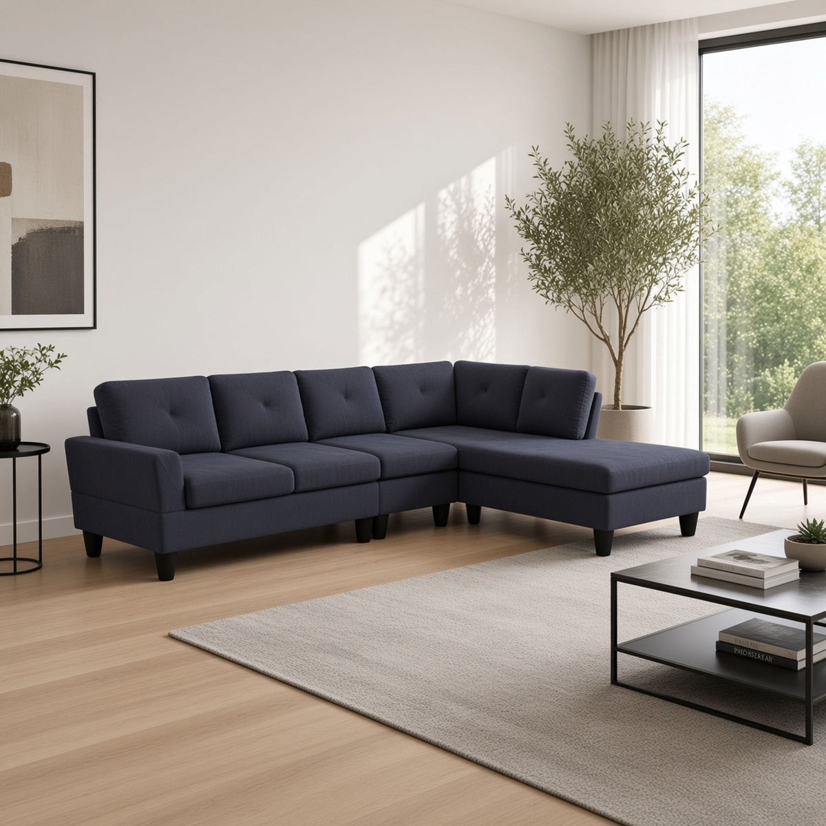 95.5 x 75 Inches Width Dark Grey Modular L-Shaped Sectional Sofa 6-Seater 4-Piece Massa Flannel Fabric Couch with Chaise